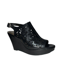 TAHARI Women's •Jasmine• Peep-toe Wedge Sandle 6.5M Black Leather