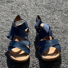 Comfortiva Women’s Keegan X-Strap Slip -on Sandal 6.5M Navy Leather/Stretch
