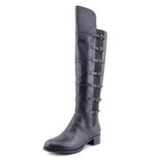 ADRIENNE VITTADINI Women's Tiger 1 •BlackLeather• Harness Knee Boot - ShooDog.com
