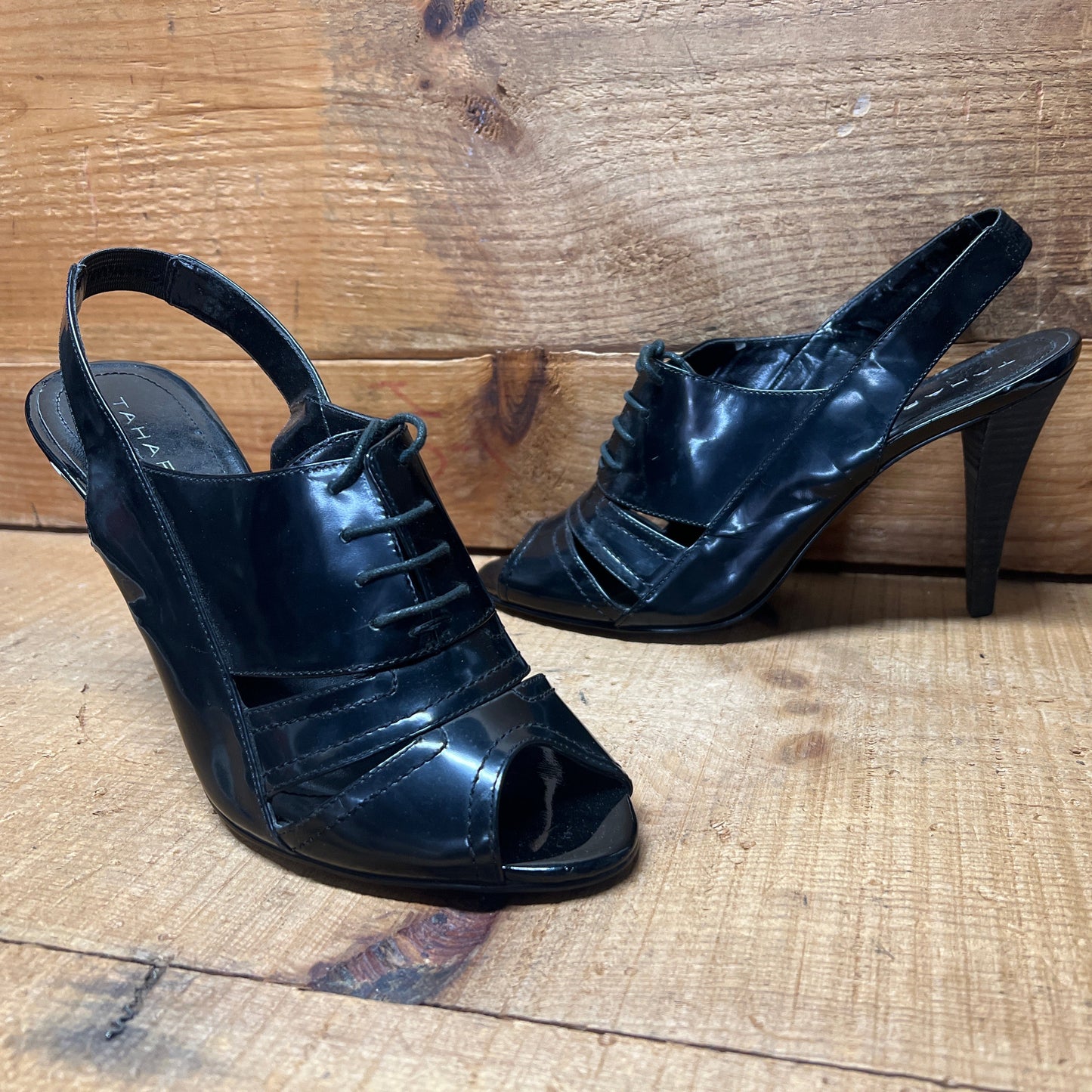 Women's Tahari •Claudia• Peep-Toe Sling-back 8M Black Patent Leather