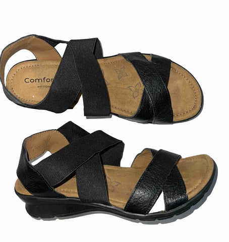 Comfortiva Women’s Keegan  X-Strap Slip-on Sandal  9.W Black Leather/Stretch
