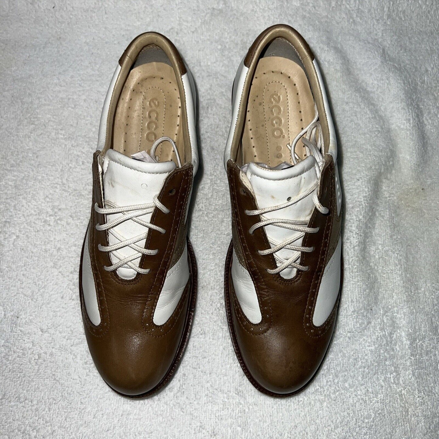 Women’s Ecco Spiked Golf Shoe 38EU White/Brown/Metallic Hydromax  Leather
