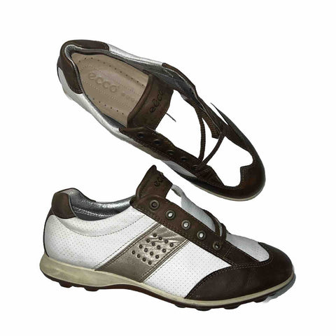Women’s Ecco Wingtip Spikeless Golf Shoe 38EU  White/Brown/Metallic Leather