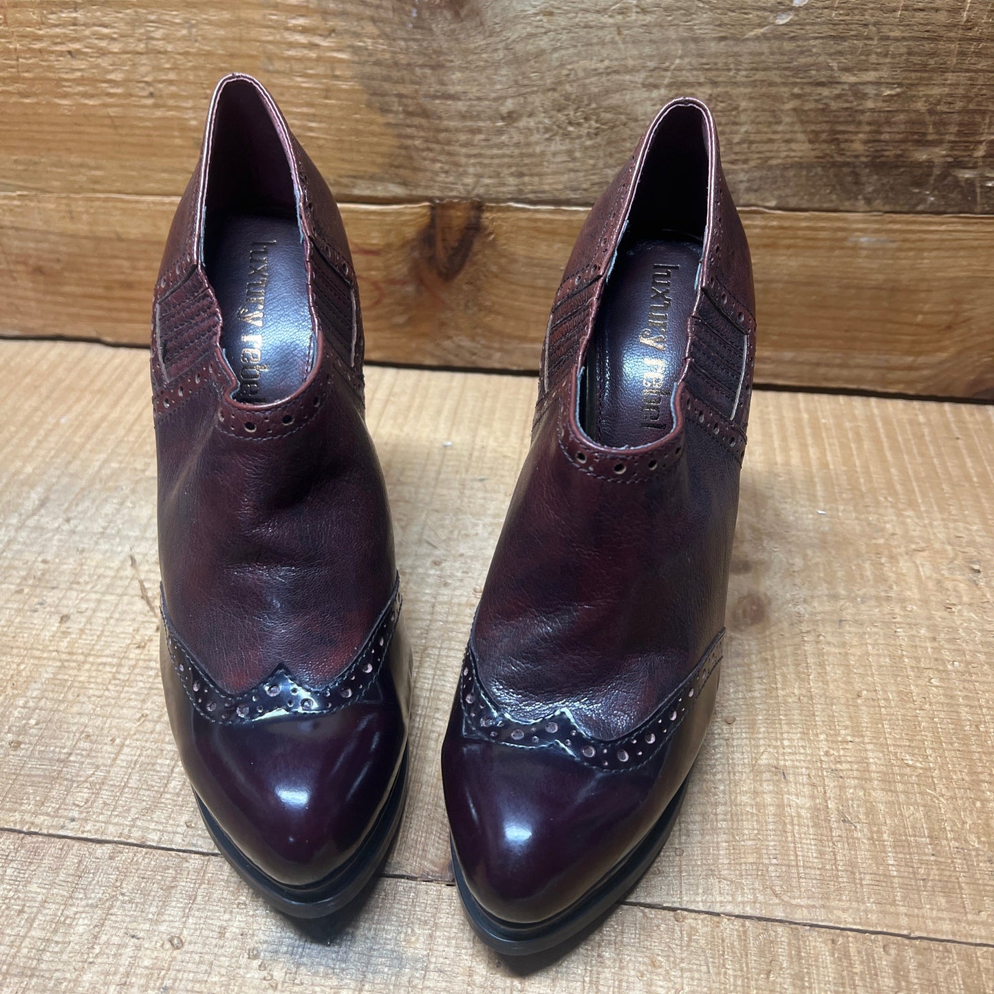 LUXURY REBEL Women's High Heeled Platform Twin-gore Brogue Slip-on Shootie  37EU/US6.5-7  Black/Brown Leather