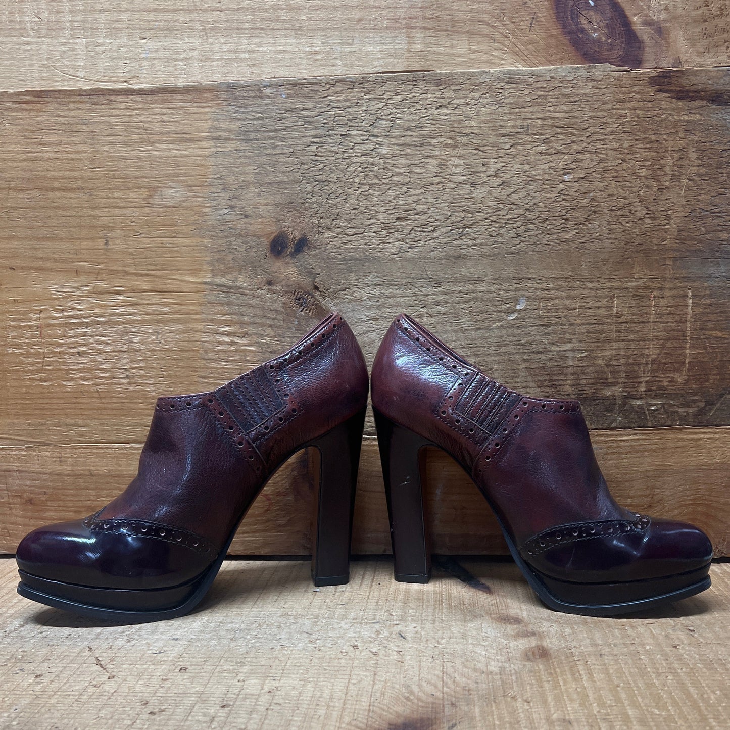 LUXURY REBEL Women's High Heeled Platform Twin-gore Brogue Slip-on Shootie  37EU/US6.5-7  Black/Brown Leather