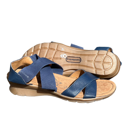 Comfortiva Women’s Keegan  X-Strap Slip -on Sandal  8W Navy Leather/Stretch
