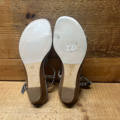 ISOLA Women's "Trista" Leather  T-strap Jeweled Sandal 6.5M Anthrancite Leather