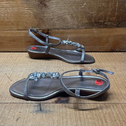 ISOLA Women's "Trista" Leather  T-strap Jeweled Sandal 6.5M Anthrancite Leather