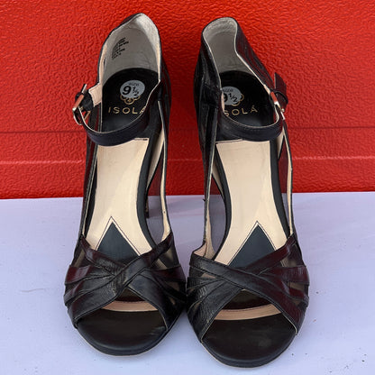 Isola Women's •Braewyn• Peep-toe Ankle Strap Sandal 9.5M Mesh/Black Leather