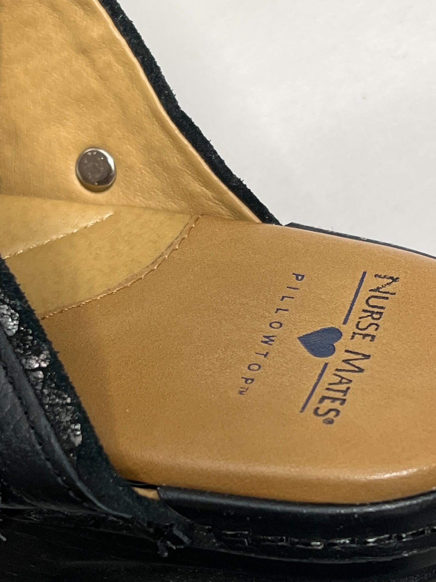 Women’s Nurse Mates Casey Pillow-top Open-back Clog 9M Black Printed Silver Scaled Leather